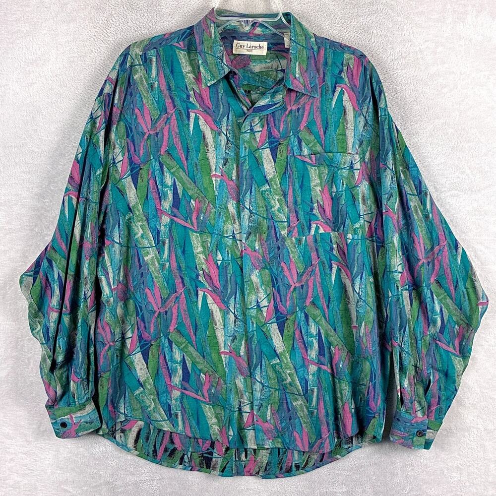 VTG Guy Laroche Shirt Mens M Blue Green Pink Bamboo Viscose Going Out 80s 90s